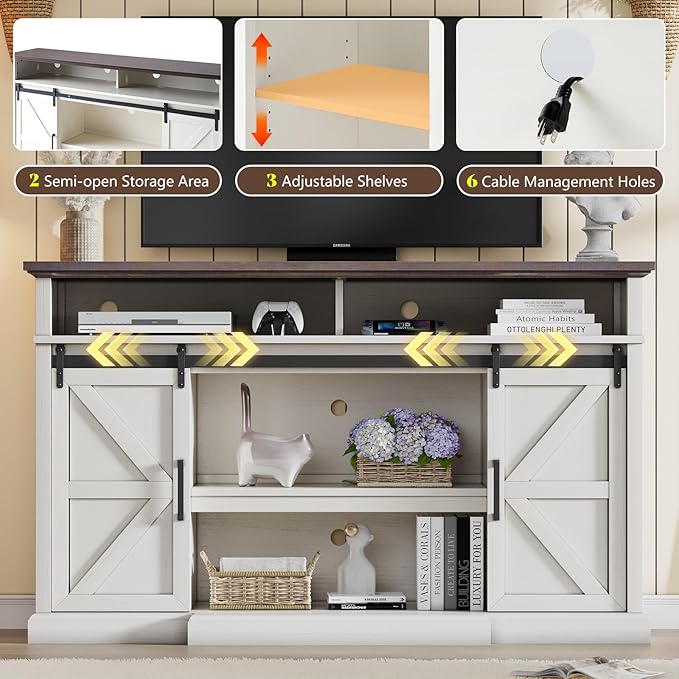 66" Farmhouse TV Stand for 75 Inch TVs, 40" Tall Entertainment Centere with Sliding Barn Doors, Rustic Media Console Table Storage Cabinet with Adjustable Shelves, Living Room, Antique White