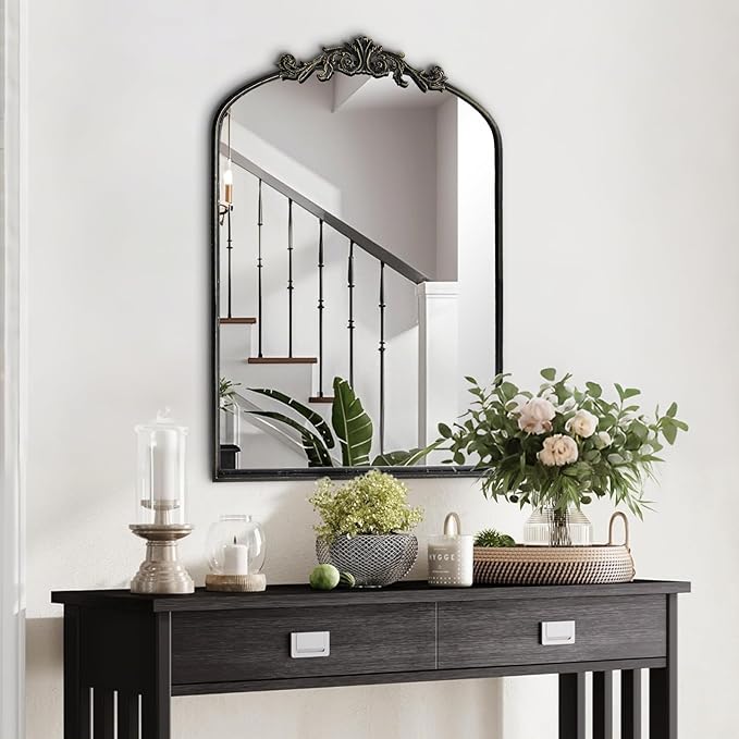 Wall Mirror Window Decorative Traditional Mirrors Antique Arched Farmhouse for Living Room Bedroom Entryway Bathroom Vanity (36 * 24 * 1.2, Black)