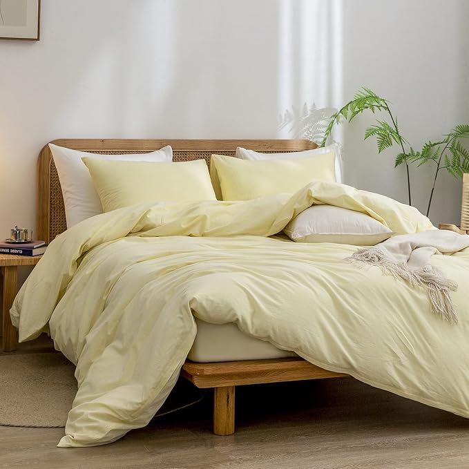 BESTOUCH Duvet Cover Set 100% Washed Cotton Linen Feel Super Soft Comfortable Chic Lightweight 3 PCs Home Bedding Set Solid Light Yellow Queen