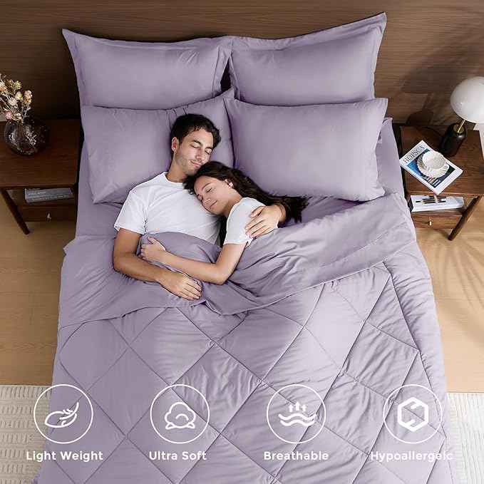 HEVUMYI Purple Twin-XL Comforter Set - 5-Piece All Season Bed in a Bag Twin-XL, Ultra Soft Bedding Set with Comforter, Flat Sheet, Fitted Sheet, Pillowcases, Pillow Shams, Lavender Purple