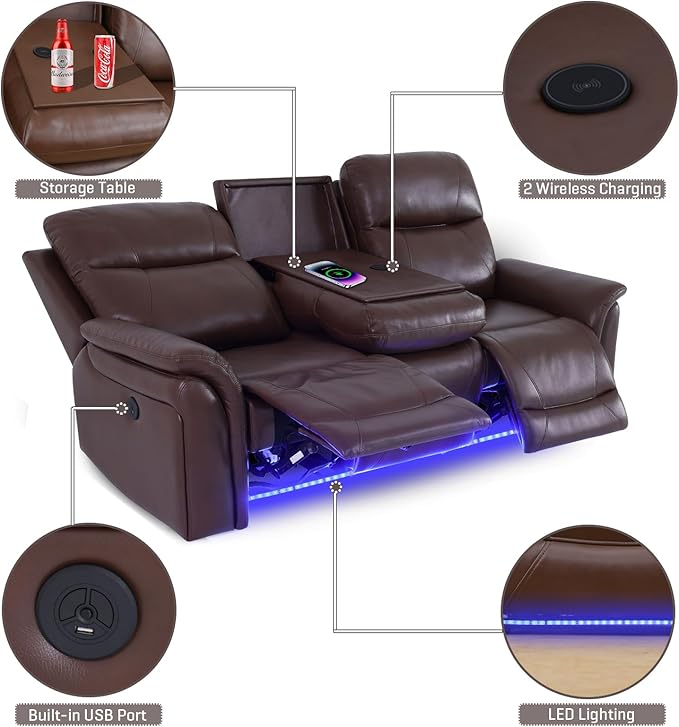 PU Leather Power Wall Hugger Chair Double Reclining Sectional Sofa 3-Seater Loveseat Couch with Reversible Coffee Table, Wireless Chargers, USB Port and Ambient LED Light for Living Room RV Theater