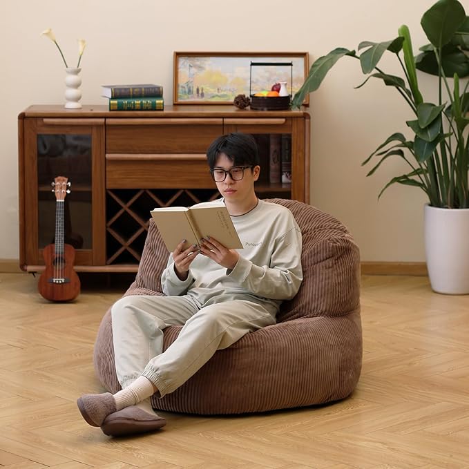 N&V Large Crescent Bean Bag Chair, Adult Size Bean Bag Sack, Foam Filling, Soft Premium Corduroy Bean Bag for Living Room Bedroom Dorm and Office (Brown Sugar)