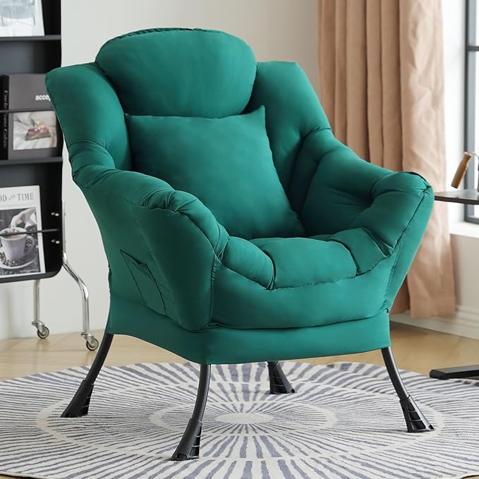 Lazy Chair with Pillow for Living Room, Modern Lounge Accent Chair with Armrests and a Throw Pillow, Leisure Sofa Chair Set, Reading Chair for Bedroom, Dorm Room, Office, Dark Green