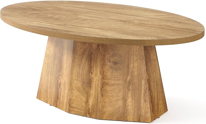 Oval Coffee Table, 47-Inch Living Room Table with Polygonal Pedestal, Modern Center Accent Furniture, Child-Friendly, Easy to Assembly, Yellowish Brown