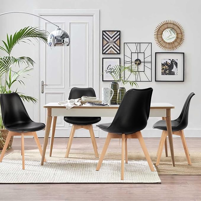 OLIXIS Set of 4 Dining Kitchen Mid-Century Modern Chairs with Wood Legs and PU Leather Cushion for Living Room Bedroom Outdoor Lounge, Black