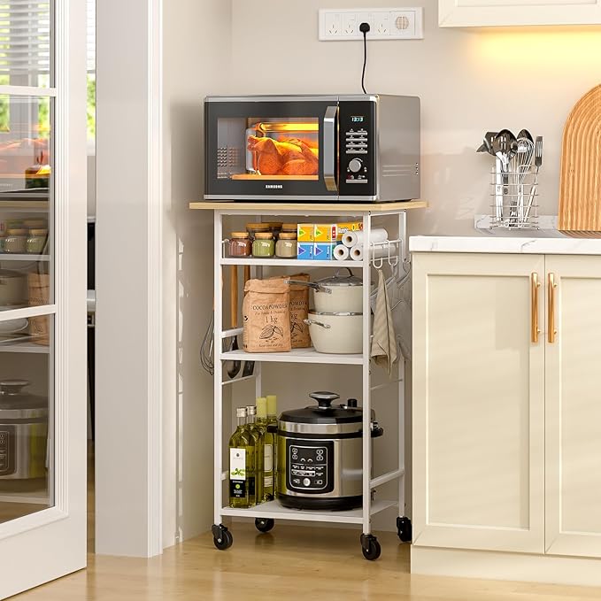 Rolling Kitchen Microwave Cart, 4 Tier Microwave Table Stand with Storage, Kitchen Storage Rack on Wheels, Coffee Station Cart Rack Shelf Organizer for Living Room Office, Balcony