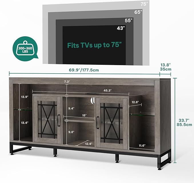 YITAHOME 33.5'' Tall TV Stand for 75 inch TV, LED Entertainment Center with Storage, Grey TV Stands for Living Room with Acrylic Doors & Power Outlets, Tall TV Console Cabinet, Grey