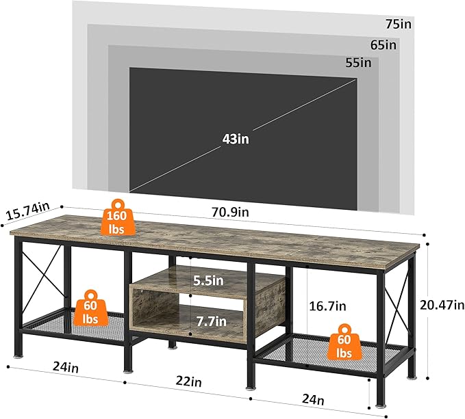 VECELO Industrial TV Stand for 75 Inch Television Cabinet 3-Tier Console with Open Storage Shelves, Entertainment Center Metal Frame for Living Room, Bedroom, 70 Inch, Light Grey