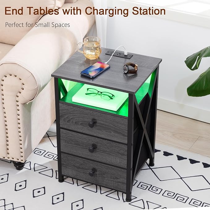 AMHANCIBLE LED Nightstand with Charging Station, Smart End Side Table with USB Port & Power Outlet, Bedside Table with Fabric Drawers for Bedroom, Living Room, Dark Grey, HET053LDG-1