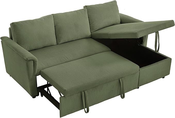 Ball & Cast Reversible Sectional Sofa Couch,L-Shape Sleeper Sofa Bed with Storage Chaise Pull Out Couch for Living Room | Hidden Storage | Pull Out Bed | Removable Backrest | Corduroy Fabric,Green