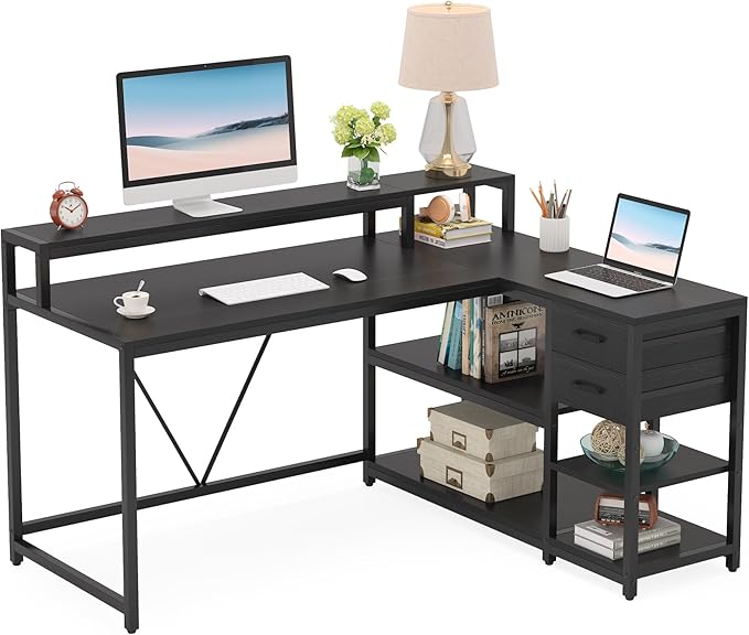 Tribesigns L Shaped Desk with Drawer and Monitor Stand, BlackCorner Desk Home Office Table with Storage Shelves, Black PC Desk for Small Space