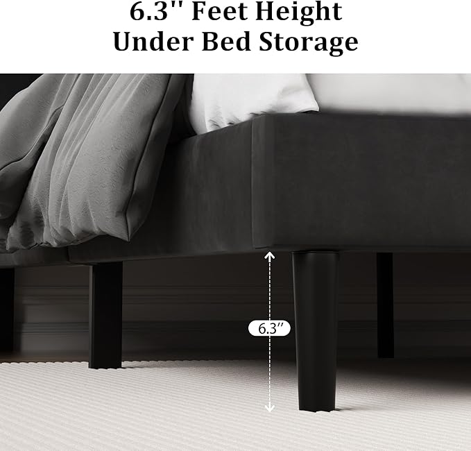 King Size Platform Bed Frame with Upholstered Velvet Button Tufted Headboard, Mattress Foundation with Wooden Slat Support, No Box Spring Needed, Easy Assembly, Noise Free, Black.