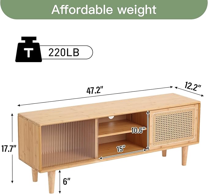 Welnow Rattan TV Stand for Up to 55 Inch, Mid Century Modern Bamboo Entertainment Center with 2 Cabinets & Adjustable Shelf, Storage Media Console Table for Living Room, Bedroom, Natural