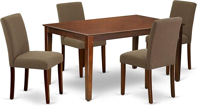 East West Furniture CAAB5-MAH-18 5 Piece Modern Dining Table Set Includes a Rectangle Wooden Table and 4 Coffee Linen Fabric Upholstered Parson Chairs, 36x60 Inch, Mahogany