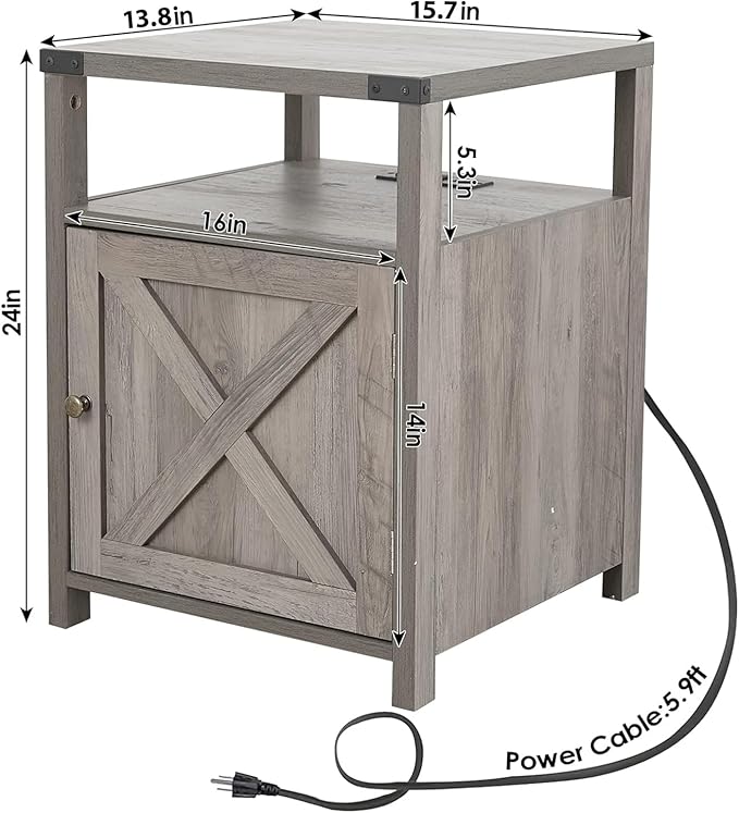 Farmhouse Nightstand with Charging Station, Rustic End Table Bedroom with Storage Living Room Side Table Grey Night Stand Industrial Bedside Bed Table with USB Ports and Outlets