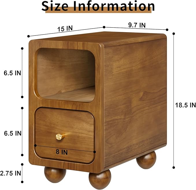 Small Narrow Nightstand with Drawers, Solid Wood Nightstand, Walnut Night Stand, Mid Century Side Table, Modern Bedside Tables for Bedroom (10 inch)