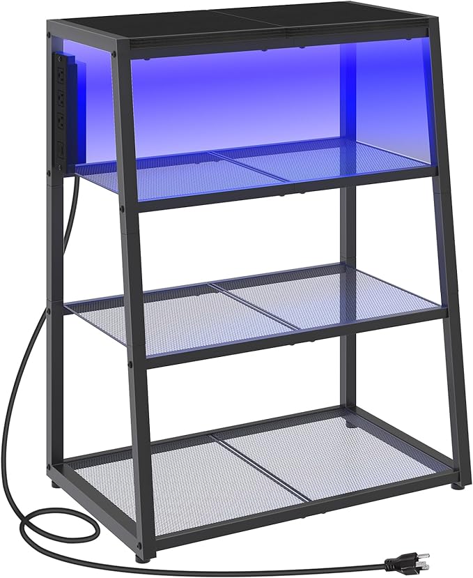 HOOBRO 4-Tier AV Media Stand with Charging Station and LED Light, Wooden Stereo Cabinet, Corner TV Stand, Rack Audio Tower, Corner Entertainment Center, Black BB107UDCJ01