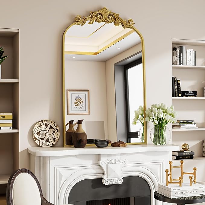 Vintage Arched Bathroom Mirror, 24x36 Inch Retro Wall Mounted Vanity Mirror with Carved Pattern Top and Metal Frame, Gold Decorative Mirror for Hanging or Leaning
