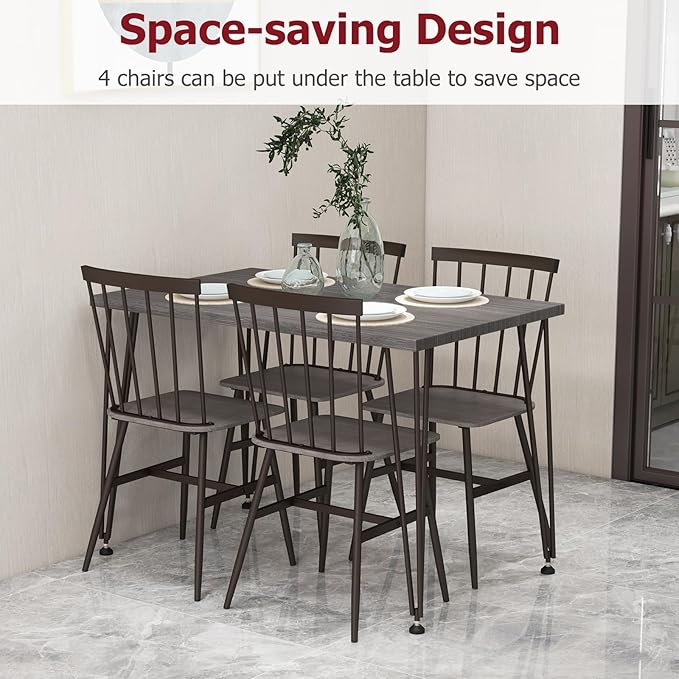Tangkula Dining Table Set for 4, Kitchen Table and Chairs Set of 4 w/Metal Frame, 360° Swivel Feet, Space-Saving Dinette Table Set for Living Room, Restaurant, Breakfast Nook (Grey Oak)