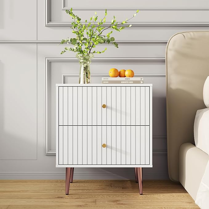 White Night Stand Set 2,Modern Bedside Table with 2 Drawers Storage,Fluted Nightstand and Wood End Side Table with Rose Gold Metal Legs and Handles for Bedroom,White