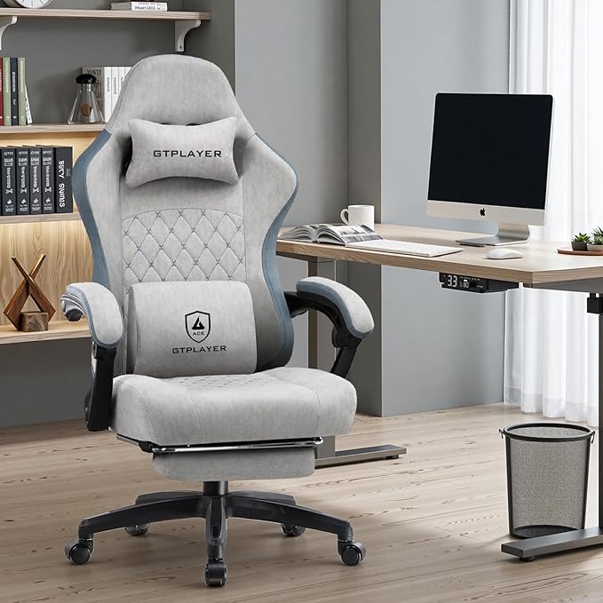 GTPLAYER Office Chair, Gaming Computer Desk Fabric Chair with Footrest, High Back Ergonomic Office Chair with Pocket Spring Lumbar Support and Linkage Armrests Adjustable Height Swivel for Home Task