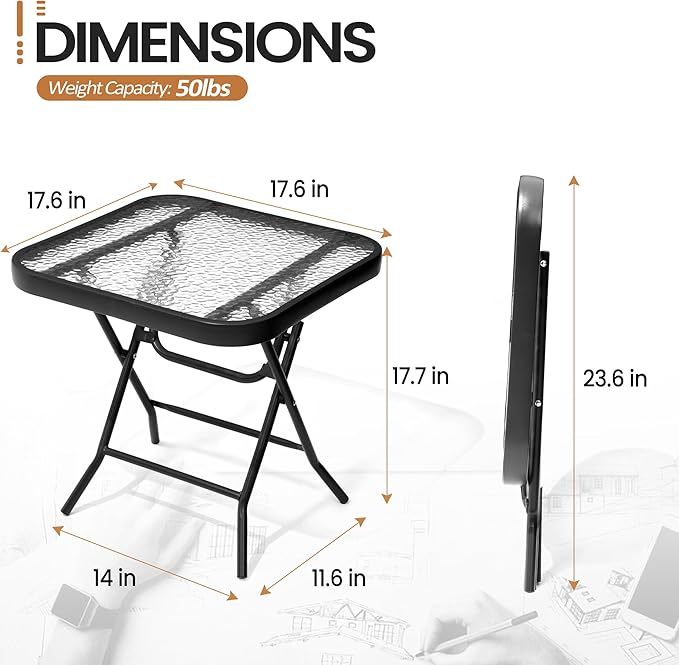 Foldable Outdoor Side Table with Tempered Glass Top Square 18" Folding Patio Side Table Small Glass End Tables for Patio Porch Yard Balcony Deck Lawn Dining Garden (Black)