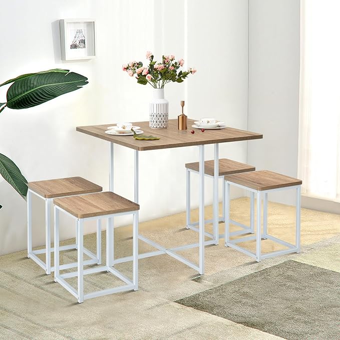 Giantex 5 Piece Dining Table Set, Dining Set for 4 with Square Stools, Small Kitchen Table Set with Metal Frame, Compact Design for Small Space, Home Kitchen Bar Pub Apartment