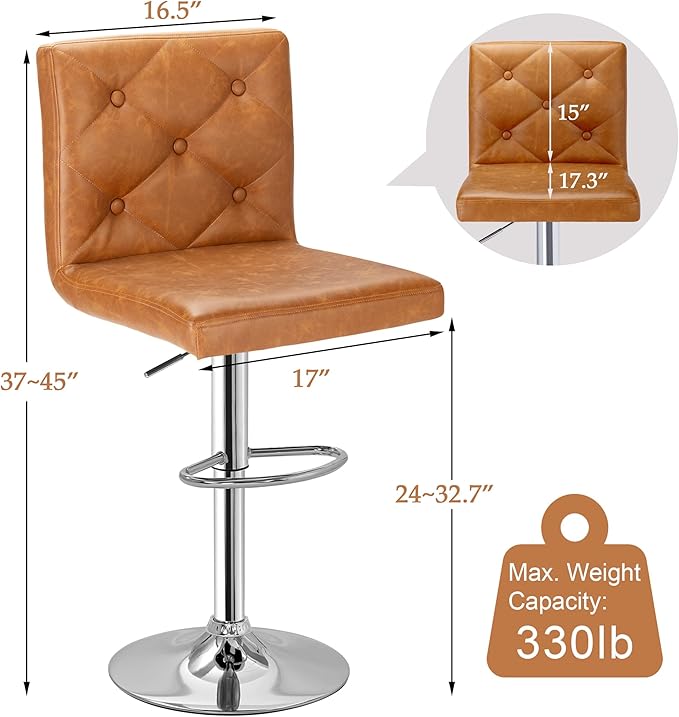 VECELO Adjustable Bar Stools Set of 2, Bar Height Stools for Kitchen Counter,Brown