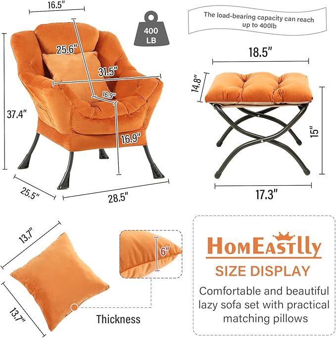 Large Lazy Chair with Ottoman, Accent Reading Chair with a Throw Pillow, Cozy Lounge Chair with Armrest, Leisure Sofa Chair for Living Room, Bedroom, Dorm Room, Velvet Tangerine