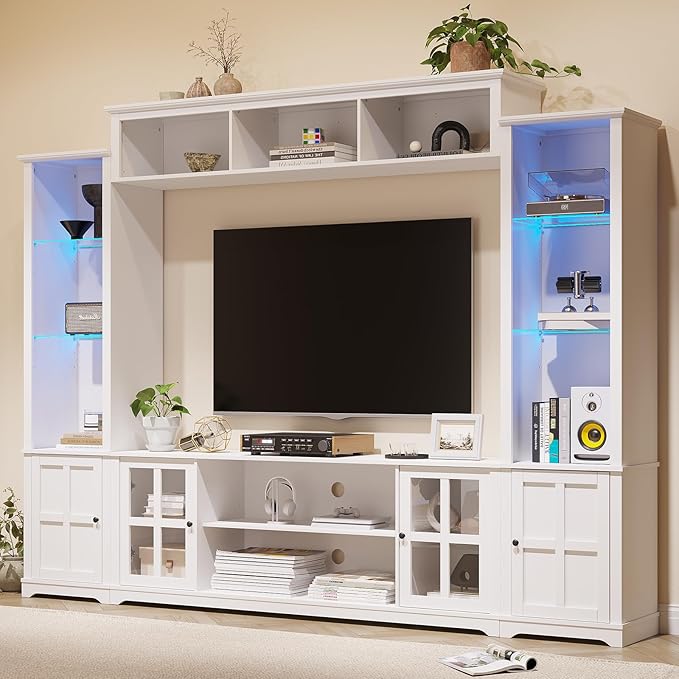 Wall Unit TV Stand with Storage & LED Lights, Large Entertainment Center with Bookshelves for TVs up to 75", Media Console for Living Room, White