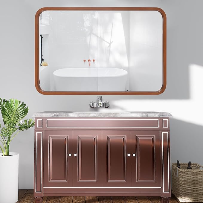 WallBeyond 24x36 Inch Wood Mirror for Bathroom, Wooden Frame Wall Mirror Farmhouse Wall Mounted Rectangle Mirror for Vanity (Horizontal/Vertical Walnut Color)