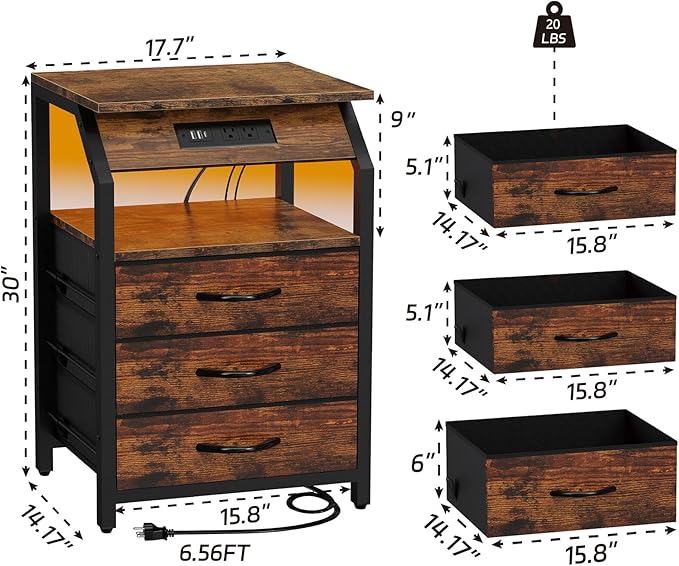 End Tables Set of 2, Nightstands with Charging Station and LED Lights, 3 Drawers Fabric Dresser, Storage Side Tables for Bedside, Living Room, Rustic Brown