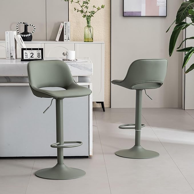 YOUNIKE Bar Stools Set of 2 Modern Swivel Barstools, Adjustable Counter Height Bar Stools Faux Leather Upholstered Counter Stools with Hollow Back for Kitchen Island, All Olive Green