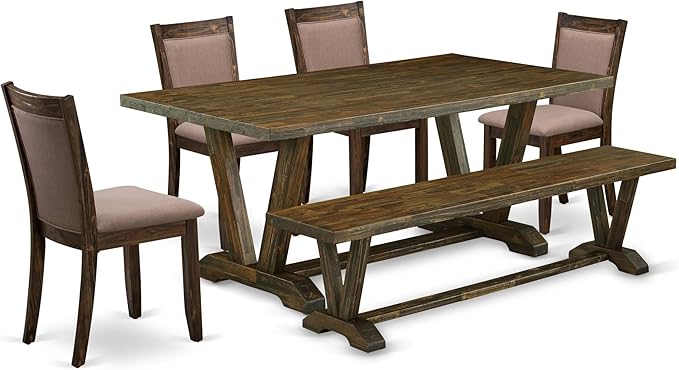 East West Furniture V777MZ748-6 6 Piece Dinette Set Contains a Rectangle Dining Room Table with V-Legs and 4 Coffee Linen Fabric Parson Chairs with a Bench, 40x72 Inch, Multi-Color