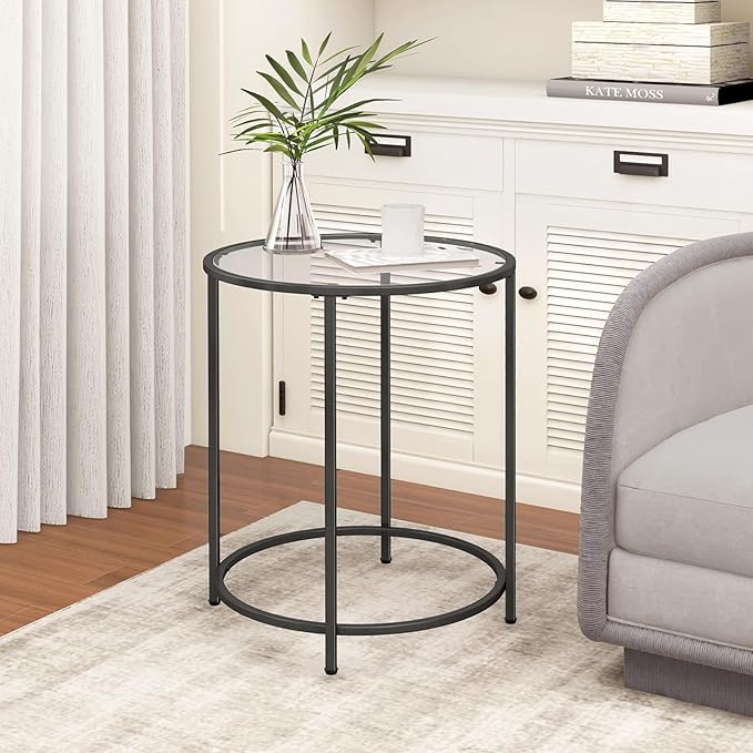 19.7’’ Round Glass End Table, Round Bedside Table with Tempered Glass Top, Black Glass Side Table with Metal Frame, Modern Round End Table for Living Room Balcony Bedroom Porch Patio