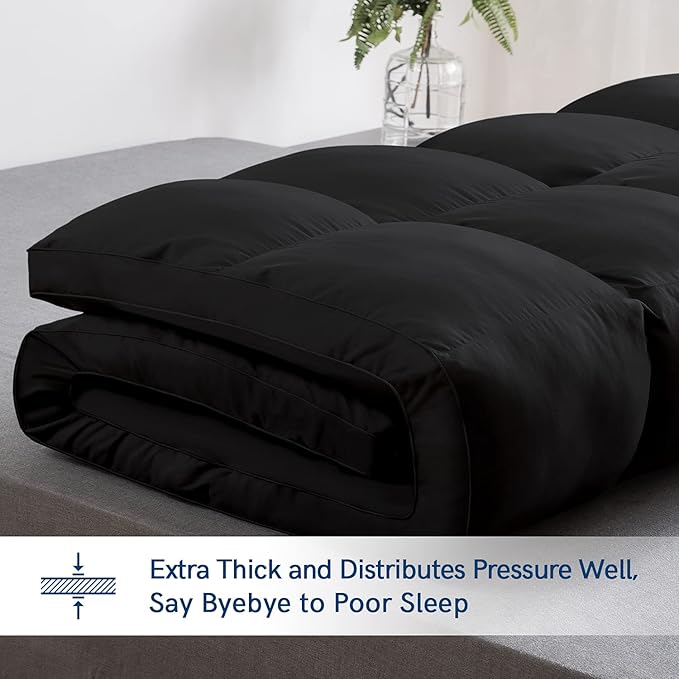 ELEMUSE Full Black Mattress Topper for Back Pain, Extra Thick Mattress Pad Cover, Plush Soft Pillowtop with Elastic Deep Pocket, Overfilled Down Alternative Filling