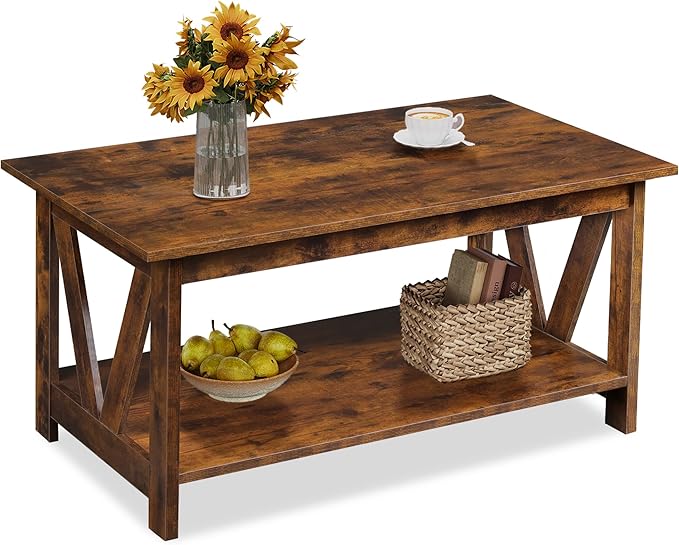 WLIVE Coffee Table with Storage Shelf, 39.4" Farmhouse Coffee Table with V-Frame Support, 2-Tier Wood Rustic Center Table for Living Room, Bedroom & Balcony, Rustic Brown