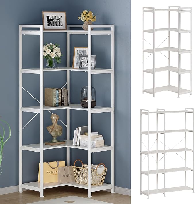 Tohomeor Bookshelf 5 Tier Deformable Corner Bookcase Free Standing Modern Industrial Book Storage Display Book Shelf for Bedroom Living Room Study Room Office (White)