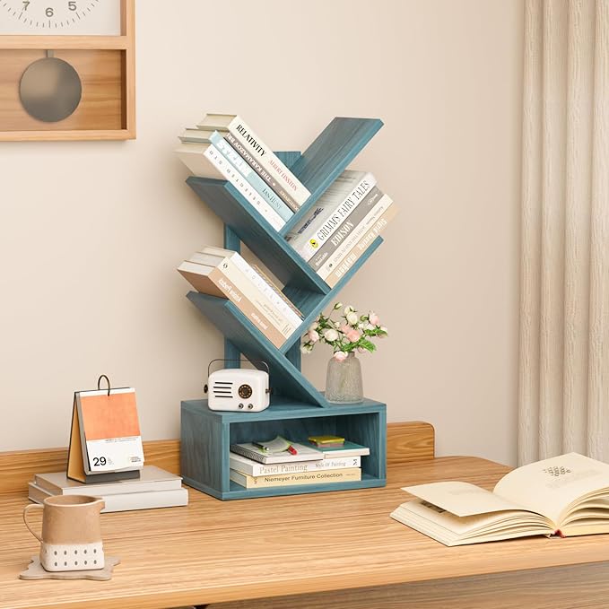 Small Tree Book Shelf,5 Tier Black Tree Bookshelf,Blue Desktop Bookcase,Modern Desk Display Storage Bookshelves,Floor Standing Organizer Bookcases for Living Room,Bedroom,Office-Blue