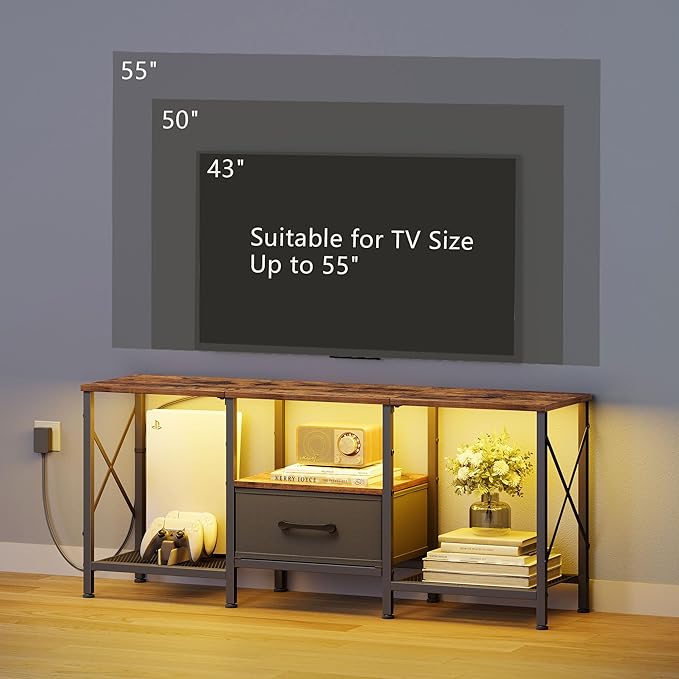 LED TV Stand with Fabric Drawer, Entertainment Center for 50 55 Inch TV, Industrial TV Console Table with Open Storage Shelves for Living Room, Bedroom, Rustic Brown
