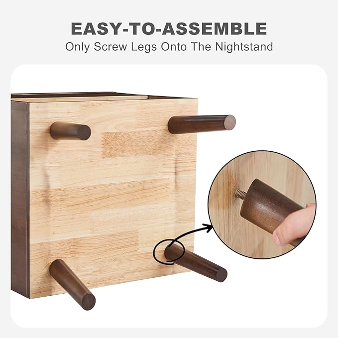 Uniclinens Nightstand with Drawer and Opening Storage, Modern Solid Rubberwood Bedside Table for Bedroom, 19" Sofa Side Table End Tables Living Room, Walnut