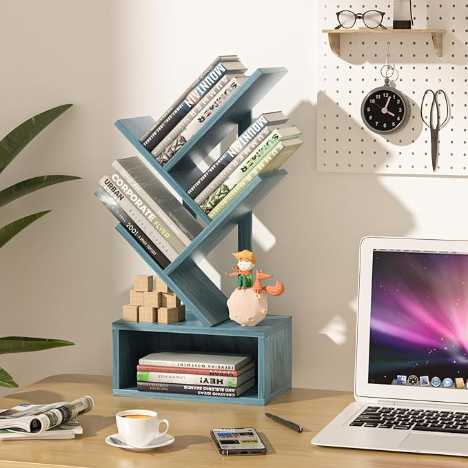 Small Tree Book Shelf,5 Tier Black Tree Bookshelf,Blue Desktop Bookcase,Modern Desk Display Storage Bookshelves,Floor Standing Organizer Bookcases for Living Room,Bedroom,Office-Blue