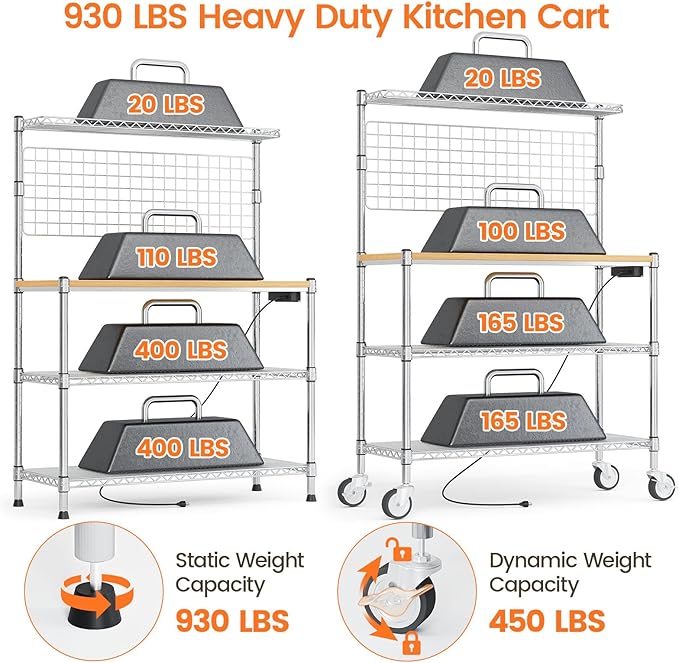 Leteuke Bakers Rack with Power Outlet & Storage, 36 Inch Microwave Stand Kitchen Cart, 4-Tier Metal Kitchen Shelves Cart with Wheels & 20 S-Hooks for Kitchen, NSF Certified, 63 x 18 x 36 Inch-Chrome