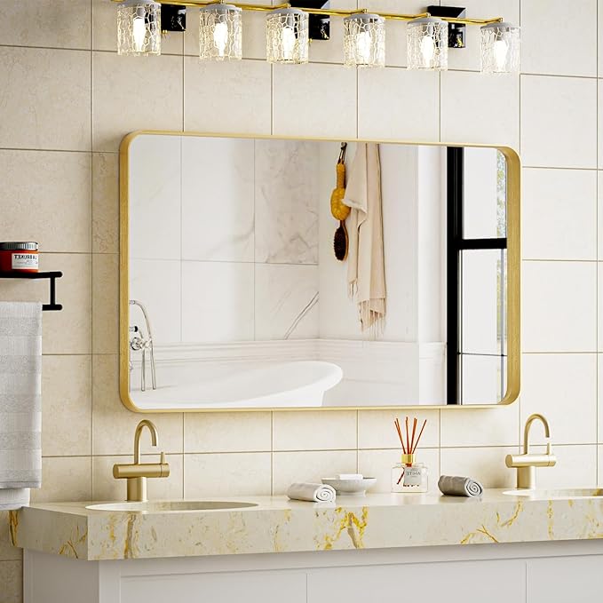 Bathroom Mirror 24x32 inch, Gold Gorgeous Deep Frame Wall Mirror, Modern Round Corner Bathroom Vanity Mirror for Bedroom, Living Room, Hanging or Leaning Horizontal or Vertical, Gold