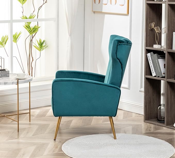 Container Furniture Direct Modern Velvet Accent Chair, Channel Tufted Bedroom, Office or Living Room Furniture with Elegant Metal Legs, 26" Wide Armchair, Blueish Green