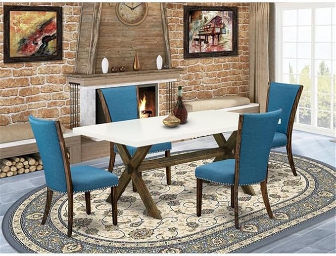 East West Furniture X727VE721-5 5 Piece Modern Dining Table Set Includes a Rectangle Wooden Table with X-Legs and 4 Blue Color Linen Fabric Upholstered Chairs, 40x72 Inch, Multi-Color
