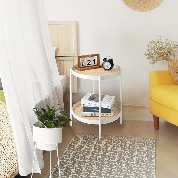 danpinera All Metal Side Table, 2 Tier Anti Rust Small Table with Imitation Rattan Pattern on Removable Trays for Living Room, White Round Nightstand for Bedroom, 20.47 Inch x 16.54 Inch Pearl White