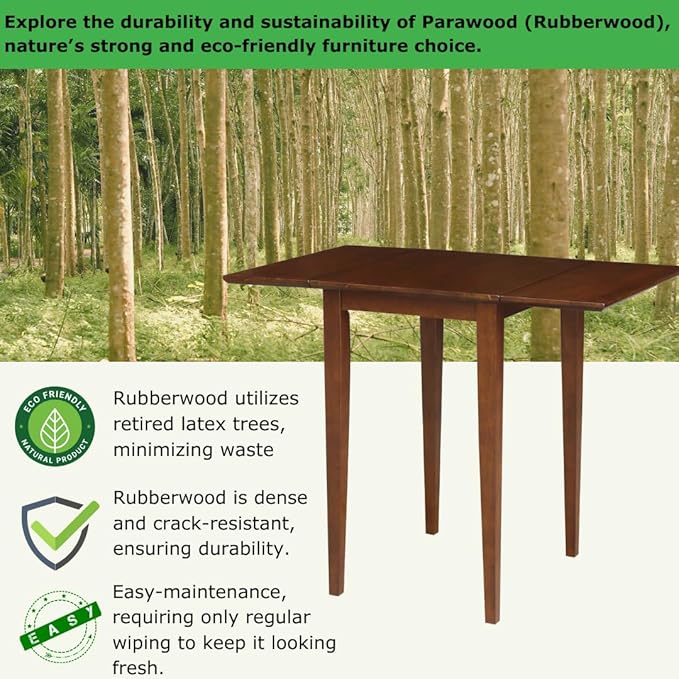 IC International Concepts, Small Drop Leaf Dining Table with Dual 9" Drop Leaf, Solid Real Wood, Sturdy Parawood, Dimensions 36"W x 22"D x 29"H, Espresso