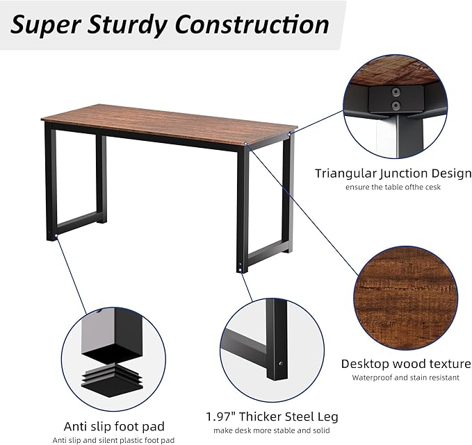 Decoholic 55 Inch Computer Desk, Home & Office PC Laptop Study Writing Table Workstation with Leg Bars, Modern Simple Industrial Style, Rustic Brown