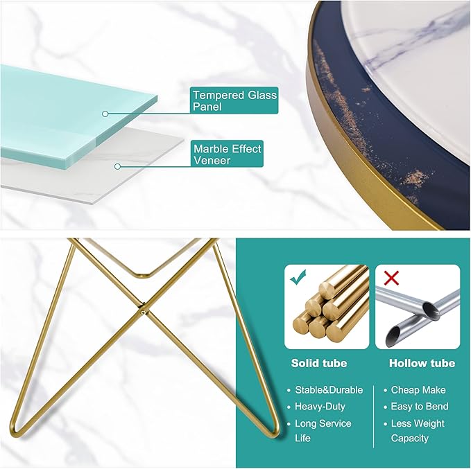HLR Modern Round Side Table Set of 2, End Table with Marble Effect Top and Gold Metal Frame, Small Side Table for Living Room, Bedroom, Sofa and Couch, Gold Legs, Black Marble top